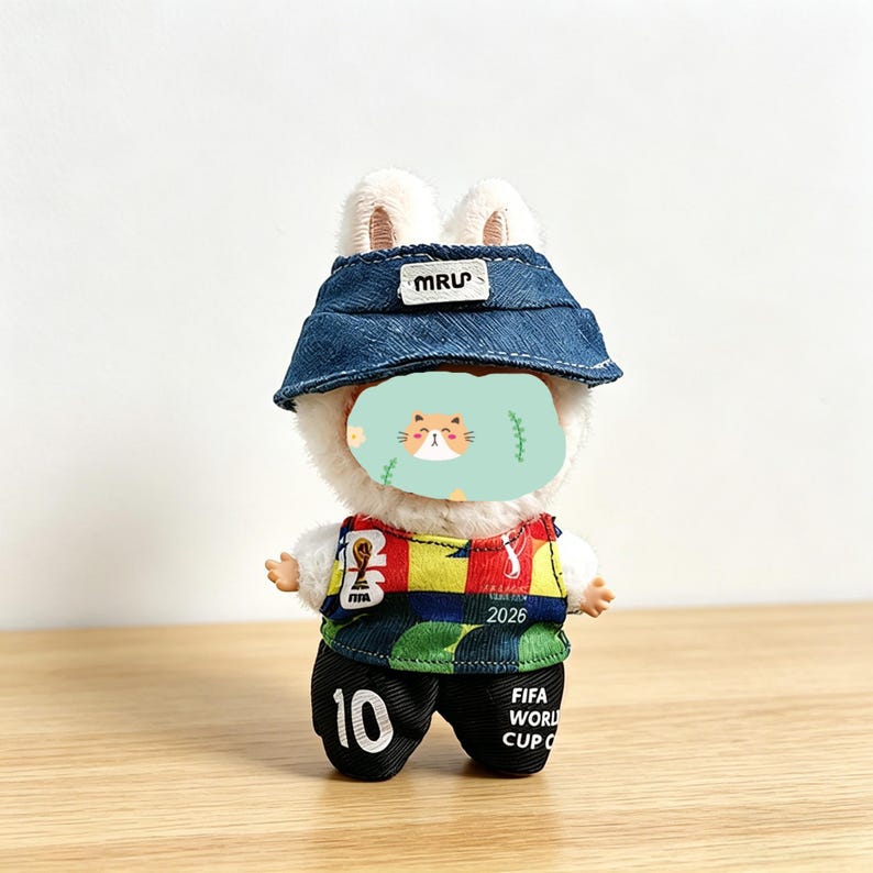 May include: A plush bunny doll wearing a denim bucket hat with "MRU" text, a colorful soccer jersey with "2026" and "FIFA" logos, and black shorts with the number "10" and "FIFA WORLD CUP" text.