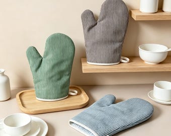 手作りのストライプ柄オーブンミット、コットン製耐熱手袋、ファームハウス風キッチン装飾、ミニマルなベーキングミット、素朴な料理ギフト