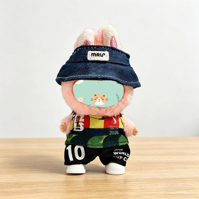 May include: A plush pink bunny doll wearing a denim hat with "MRU" text, a colorful jersey with "FIFA WORLD CUP 2026" text, black shorts with the number "10", and white shoes. The doll has a cat face.
