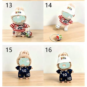 May include: A collection of small, plush rabbit figures wearing sports uniforms. The figures are dressed in various outfits, including soccer and baseball uniforms, with the number "20" or "10" displayed prominently on the clothing.