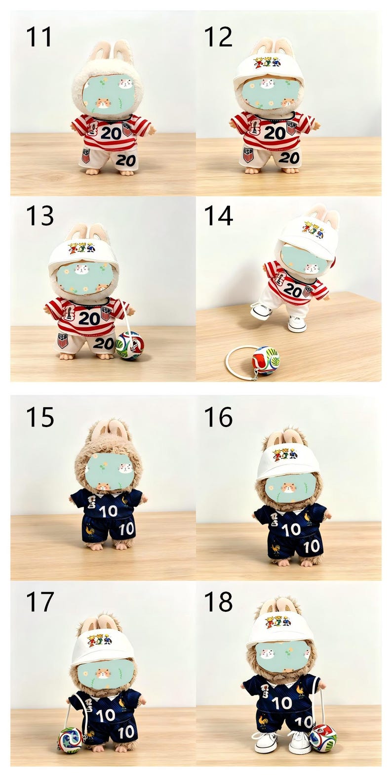 May include: A collection of small, plush rabbit figures wearing sports uniforms. The figures are dressed in various outfits, including soccer and baseball uniforms, with the number "20" or "10" displayed prominently on the clothing.