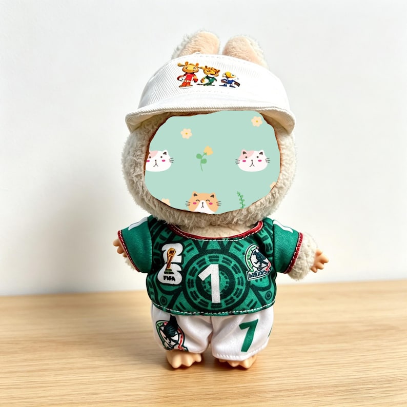 May include: A plush toy bunny wearing a white baseball cap with cartoon figures and a green soccer jersey with the number 1 and the Mexican flag colors. The bunny is also wearing white shorts with the number 7.
