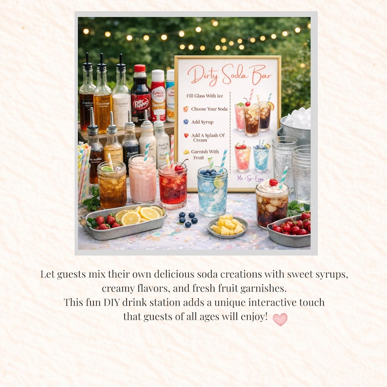 May include: A "Dirty Soda Bar" setup with various syrups, sodas, and garnishes. The image shows a sign with instructions, glasses of soda, and fresh fruit. The bar includes bottles of syrup, cream, and soda, with lemons, strawberries, cherries, blueberries, and pineapple.