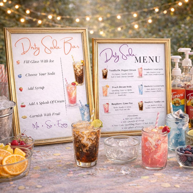 May include: Two framed signs with gold trim display a "Dirty Soda Bar" menu. The menu includes drink recipes and instructions. Several glasses of soda are visible, along with ingredients like fruit, ice, and syrups. The background features string lights.