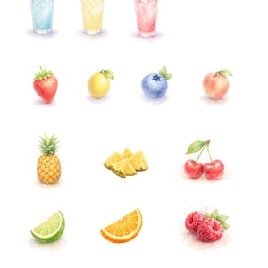 May include: Watercolor illustration of refreshing drinks and various fruits. The image features three glasses of beverages with straws, alongside a strawberry, lemon, blueberry, peach, pineapple, pineapple slices, cherries, lime, orange slice, and raspberries.