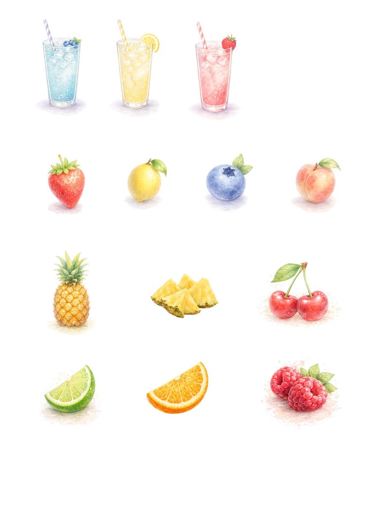 May include: Watercolor illustration of refreshing drinks and various fruits. The image features three glasses of beverages with straws, alongside a strawberry, lemon, blueberry, peach, pineapple, pineapple slices, cherries, lime, orange slice, and raspberries.