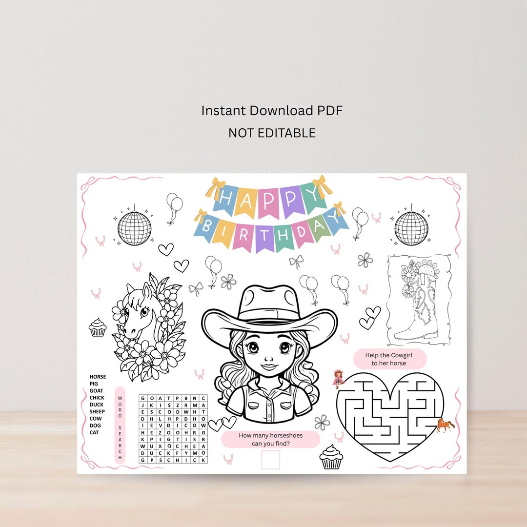 Printable Cowgirl Birthday Party Activity Placemat, Western Activity ...