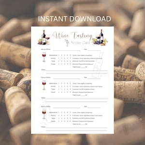May include: A white printable wine tasting score card with the words "Wine Tasting Score Card" at the top. The card includes sections for appearance, aroma, taste, and finish, with a total score of 20.