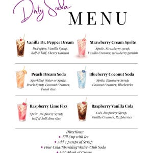 May include: A menu for "Dirty Soda" drinks, featuring six colorful soda concoctions with ingredients listed below each. The menu includes drinks like Raspberry Lime Fizz and Vanilla Dr. Pepper Dream, with directions for preparation.