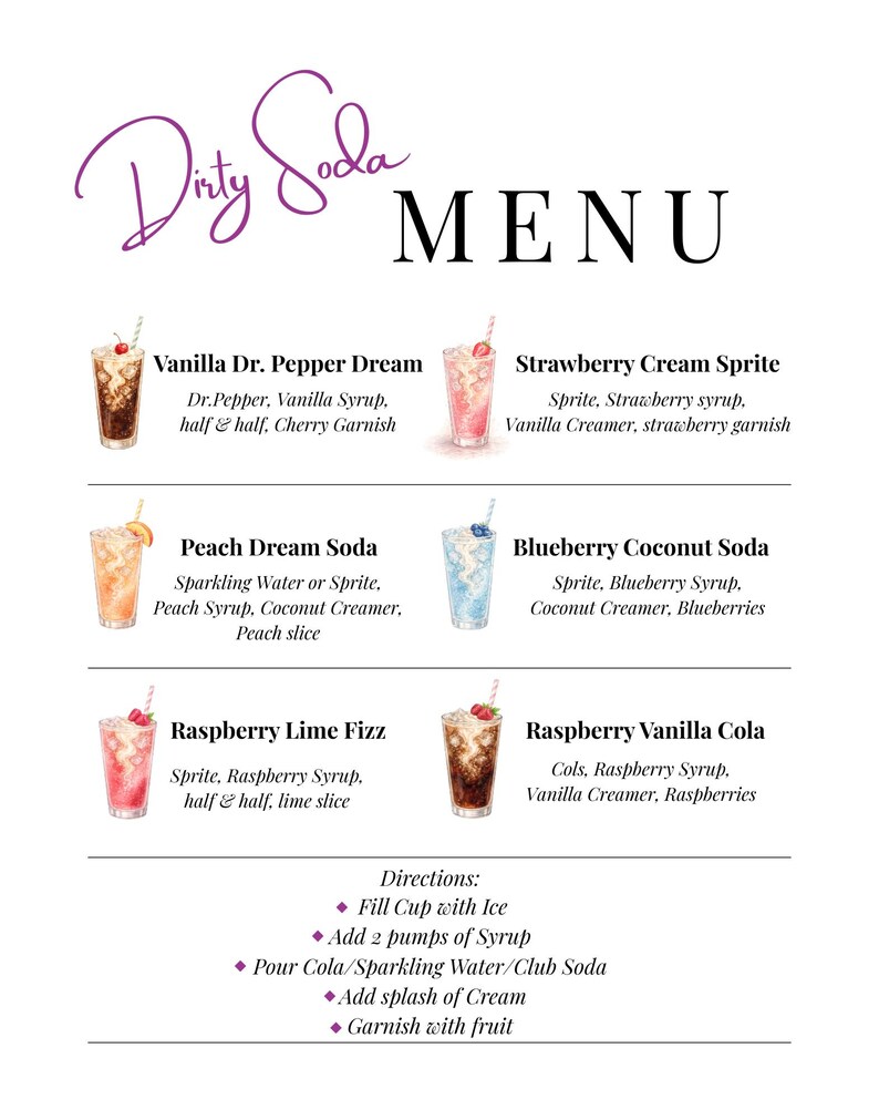 May include: A menu for "Dirty Soda" drinks, featuring six colorful soda concoctions with ingredients listed below each. The menu includes drinks like Raspberry Lime Fizz and Vanilla Dr. Pepper Dream, with directions for preparation.