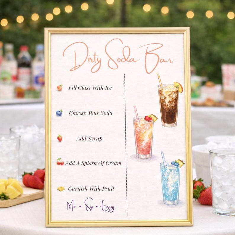May include: A gold-framed sign with the text "Dirty Soda Bar" and instructions for making soda. The sign includes illustrations of soda drinks and the steps: fill with ice, choose soda, add syrup, add cream, and garnish with fruit.