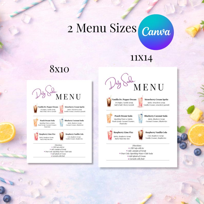 May include: Two menu sizes, 8x10 inches and 11x14 inches, are displayed. The menus feature a drink list with various soda flavors, including Vanilla Dr. Pepper Dream and Strawberry Cream Sprite. The word "Dirty Soda" is written at the top of the menu.