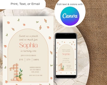 Invitación de primer cumpleaños de Peach, plantilla editable de Canva (digital)