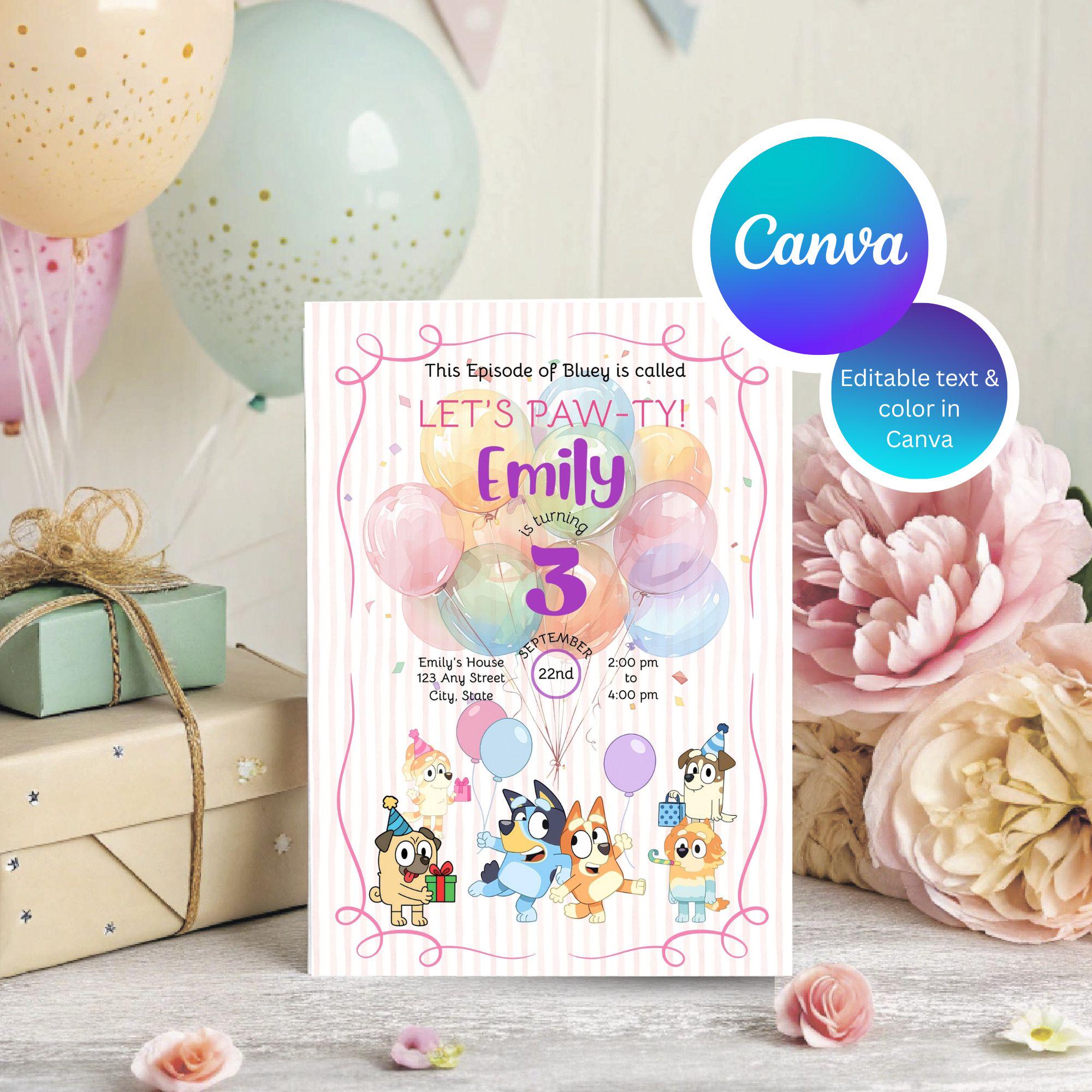 Bluey Birthday Invitation Girl, Editable Canva Template (5x7 Digital Download)