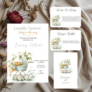 Lokal gewachsenes Babyparty-Einladungspaket, Bauernmarkt-Babyparty-Einladungspaket, Lokal gewachsene Einladung, kleine Sprout-Einladung