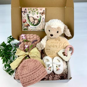 Handmade Baby Girl Gift Box | Newborn Baby Shower Gift Set with Crocheted Blanket | Personalized Hello World Sign | Soft Plush Lamb Toy |