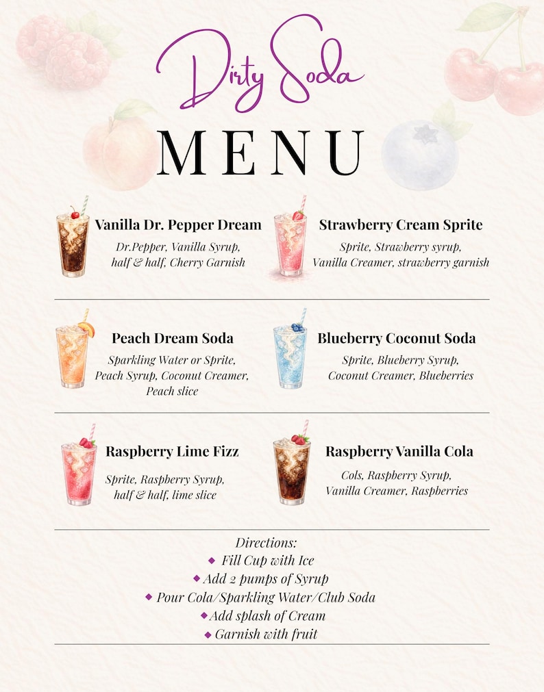 May include: A Dirty Soda Menu sign featuring watercolor illustrations of six drinks: Vanilla Dr. Pepper Dream, Strawberry Cream Sprite, Peach Dream Soda, Blueberry Coconut Soda, Raspberry Lime Fizz, and Raspberry Vanilla Cola, with preparation directions.