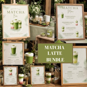 以下が含まれることがあります： 抹茶ラテをフィーチャーした額入りの看板と飲み物のコレクション。看板には「Matcha Bar」と「Matcha Menu」の文字と、クラシック、ストロベリー、バニラ、レモネードの抹茶ラテの画像が表示されています。「Matcha Latte Bundle」という言葉も表示されています。