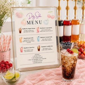 May include: A framed Dirty Soda menu sign featuring watercolor fruit illustrations and drink recipes, displayed next to a glass of soda with ice, raspberries, and lime, alongside syrup bottles, bowls of fresh fruit, and pink striped straws.