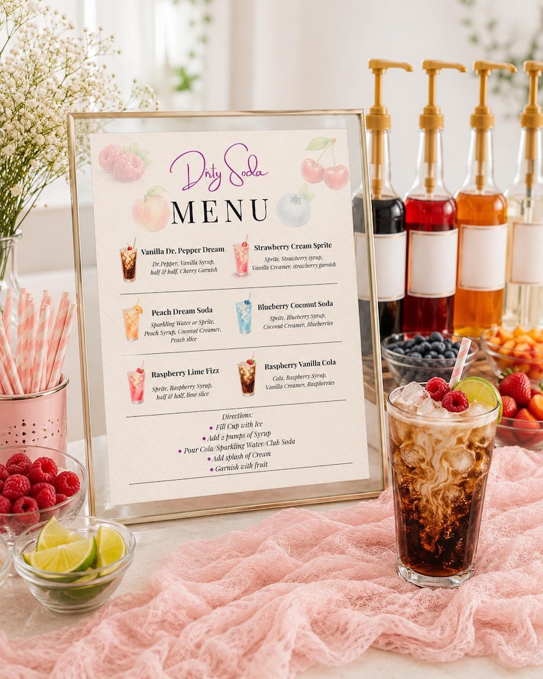 May include: A framed Dirty Soda menu sign featuring watercolor fruit illustrations and drink recipes, displayed next to a glass of soda with ice, raspberries, and lime, alongside syrup bottles, bowls of fresh fruit, and pink striped straws.