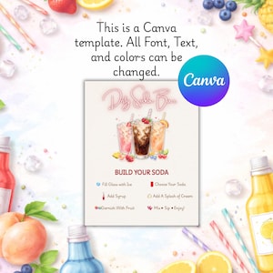 May include: A digital Canva template featuring a soda bar menu design with the text "Dirty Soda Bar" and "BUILD YOUR SODA" instructions. The graphic includes illustrations of three glasses filled with colorful sodas, ice, and fruit garnishes.