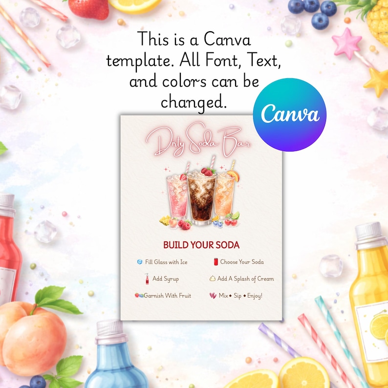 May include: A digital Canva template featuring a soda bar menu design with the text "Dirty Soda Bar" and "BUILD YOUR SODA" instructions. The graphic includes illustrations of three glasses filled with colorful sodas, ice, and fruit garnishes.