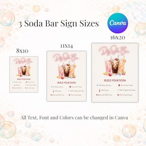 May include: Three digital soda bar signs in 8x10, 11x14, and 16x20 inch sizes. Each sign features the text 'DIY Soda Bar' and 'BUILD YOUR SODA' with instructions and illustrations of three glasses of soda. Text, font, and colors are editable in Canva.