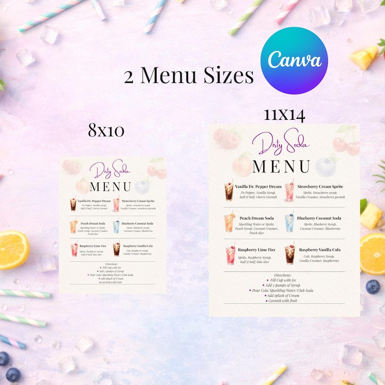 May include: Two Dirty Soda menu signs in 8x10 and 11x14 inch sizes. Each menu features a list of six drink recipes with illustrations of beverages, fruits, and text instructions for preparation, set against a light purple background.