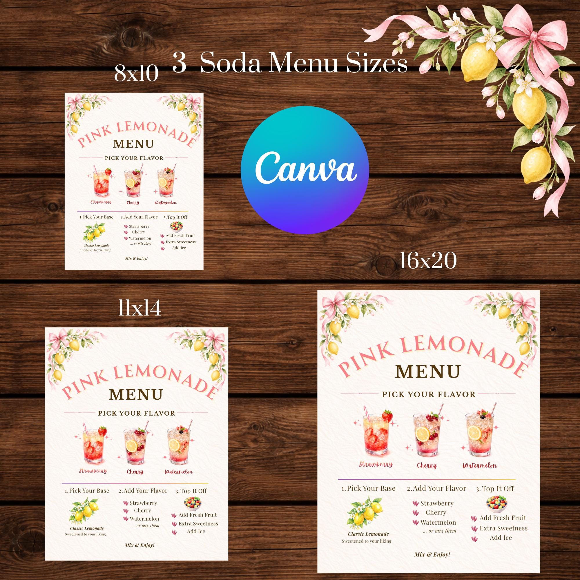 Menu Sign Pink Pink Lemonade Bar Sign & Menu Template, Watercolor Coquette Party Decor ...