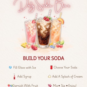 May include: A Dirty Soda Bar sign featuring three glasses of soda with ice, cream, and fruit garnishes. Text includes: Dirty Soda Bar, BUILD YOUR SODA, Fill Glass with Ice, Choose Your Soda, Add Syrup, Add A Splash of Cream, Garnish With Fruit, Mix Sip Enjoy.
