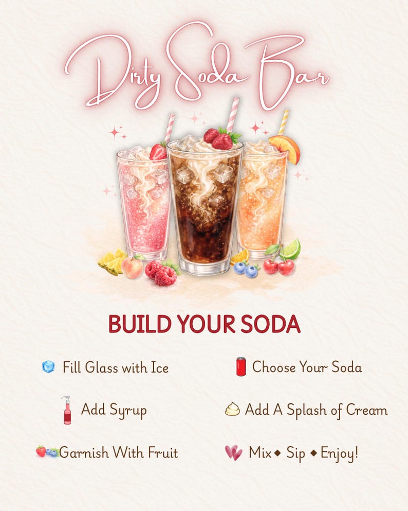 May include: A Dirty Soda Bar sign featuring three glasses of soda with ice, cream, and fruit garnishes. Text includes: Dirty Soda Bar, BUILD YOUR SODA, Fill Glass with Ice, Choose Your Soda, Add Syrup, Add A Splash of Cream, Garnish With Fruit, Mix Sip Enjoy.