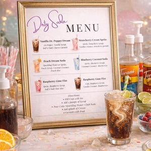 May include: A framed menu for "Dirty Soda" featuring various soda recipes. The menu includes drinks like Vanilla Dr. Pepper Dream and Strawberry Cream Sprite. A finished drink with ice and a lime garnish is in a glass in the foreground.