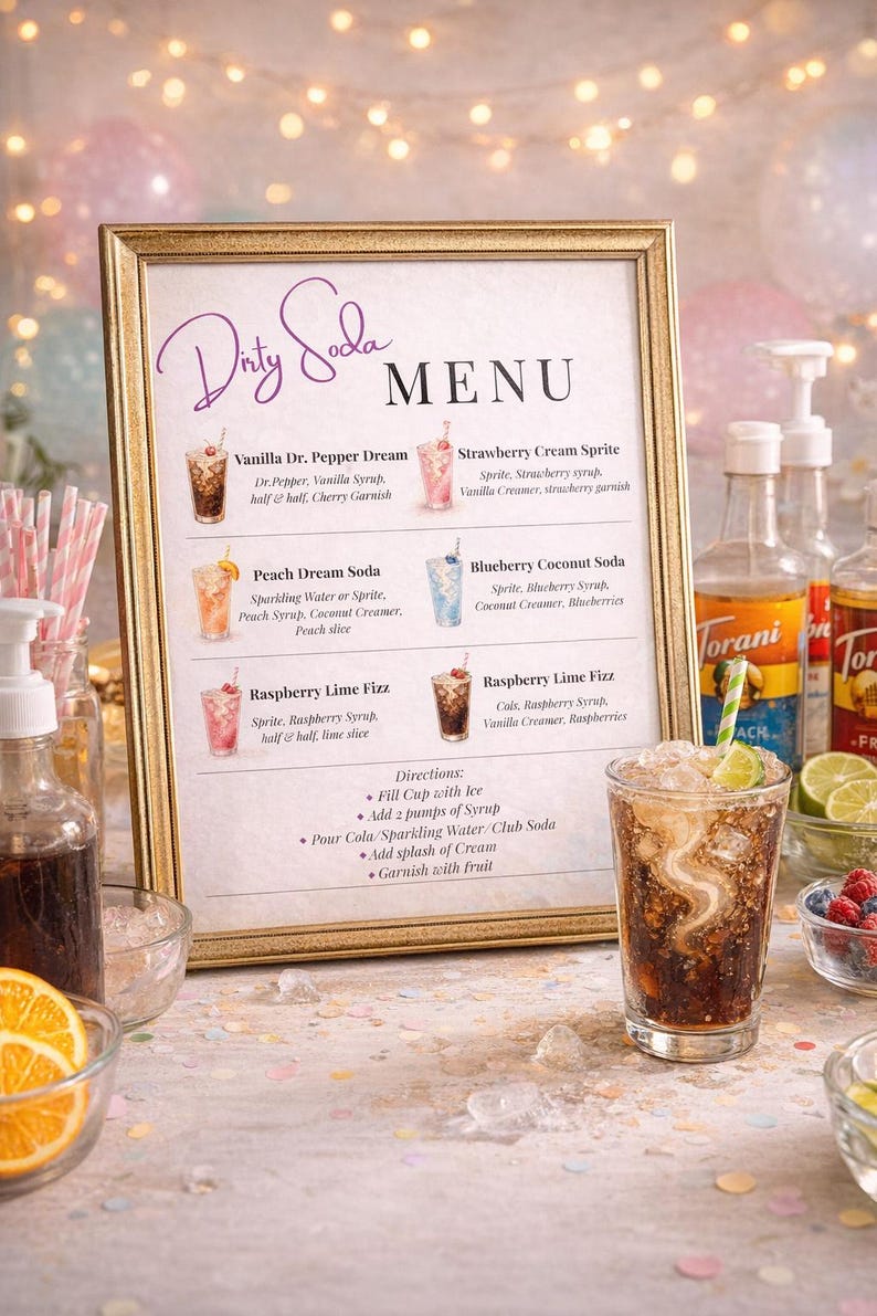 May include: A framed menu for "Dirty Soda" featuring various soda recipes. The menu includes drinks like Vanilla Dr. Pepper Dream and Strawberry Cream Sprite. A finished drink with ice and a lime garnish is in a glass in the foreground.