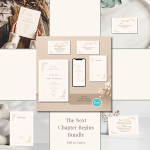 May include: A bundle of baby shower stationery with a soft beige color scheme. The set includes invitations, thank you cards, and inserts with floral accents. A smartphone displays a digital invitation. The text reads "The Next Chapter Begins Bundle".