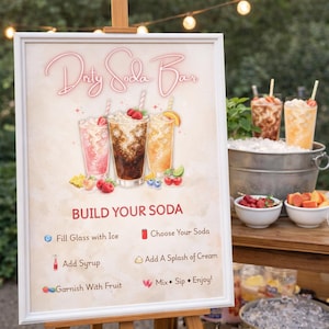 May include: A white framed sign on a wooden easel titled Dirty Soda Bar with illustrations of three iced drinks and fruit. The text reads BUILD YOUR SODA with instructions: Fill Glass with Ice, Choose Your Soda, Add Syrup, Add A Splash of Cream, Garnish With Fruit, Mix, Sip, Enjoy.