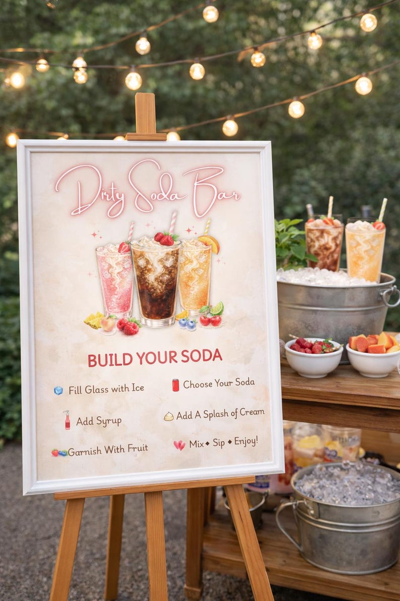 May include: A white framed sign on a wooden easel titled Dirty Soda Bar with illustrations of three iced drinks and fruit. The text reads BUILD YOUR SODA with instructions: Fill Glass with Ice, Choose Your Soda, Add Syrup, Add A Splash of Cream, Garnish With Fruit, Mix, Sip, Enjoy.