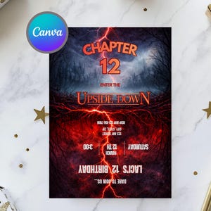 Pode incluir: Um convite digitalmente projetado com um tema sombrio e ameaçador. O texto diz "Capítulo 12" e "Enter the Upside Down" em uma fonte ousada e estilizada. Detalhes da festa e informações de RSVP estão incluídos. O logotipo do Canva está no canto superior esquerdo.