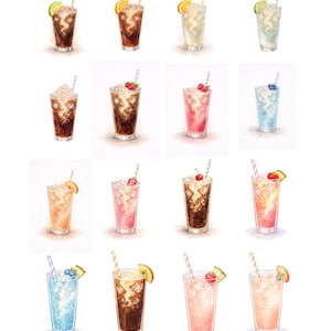 May include: Watercolor illustration of various cocktails in tall glasses. Each drink is garnished with fruit slices, berries, or a cherry, and has a straw. The drinks are in shades of brown, pink, orange, and blue, with whipped cream on some.