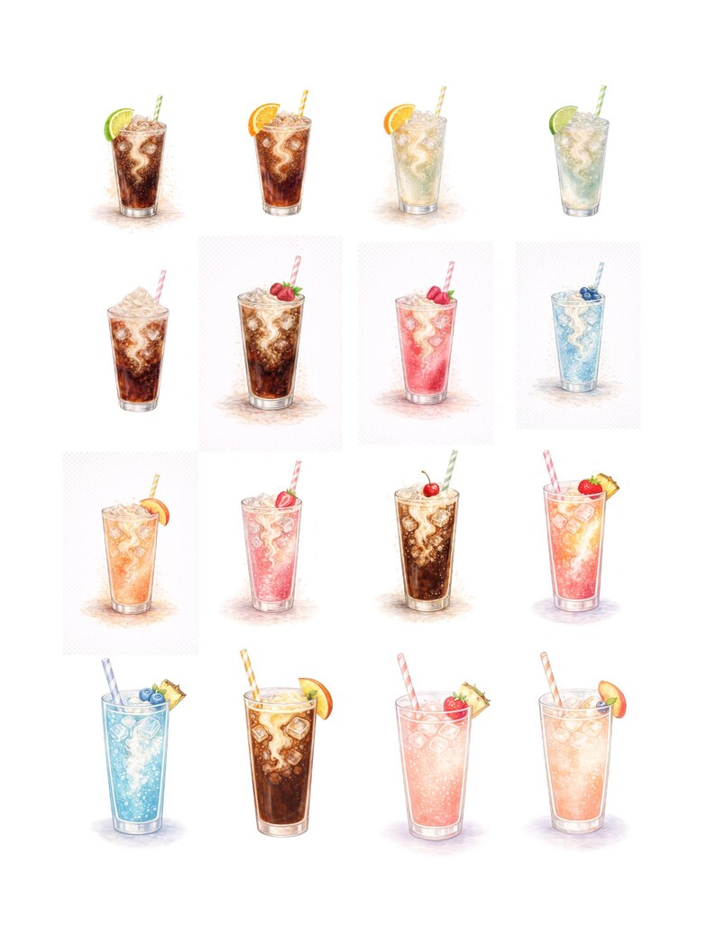 May include: Watercolor illustration of various cocktails in tall glasses. Each drink is garnished with fruit slices, berries, or a cherry, and has a straw. The drinks are in shades of brown, pink, orange, and blue, with whipped cream on some.
