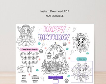 Fairy Birthday Coloring Activity Placemat, Enchanted Garden Party (PDF)