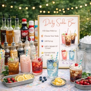 May include: A "Dirty Soda Bar" setup with various syrups, sodas, and garnishes. Mason jar drinks with straws and fruit, including cherries, blueberries, and pineapple. A sign provides instructions for making the drinks.