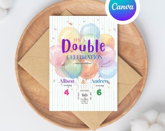 Modello di invito per compleanno congiunto: design con palloncini colorati (download digitale, 5x7" modificabile su Canva)