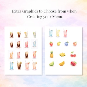 May include: A digital sheet titled Extra Graphics to Choose from when Creating your Menu, featuring watercolor illustrations of various iced drinks in glasses with straws and assorted fresh fruits including pineapple, berries, and citrus slices.