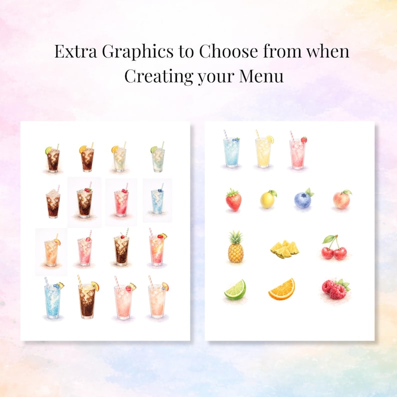 May include: A digital sheet titled Extra Graphics to Choose from when Creating your Menu, featuring watercolor illustrations of various iced drinks in glasses with straws and assorted fresh fruits including pineapple, berries, and citrus slices.