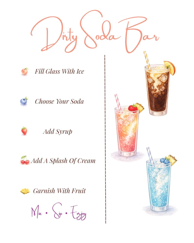 May include: A watercolor-style Dirty Soda Bar sign with instructions and illustrations. The sign includes steps like "Fill Glass With Ice" and "Garnish With Fruit." Three colorful soda drinks are shown, each garnished with fruit.