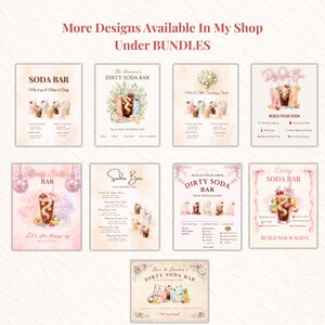 May include: A collection of soda bar signs with various designs and text. The signs feature illustrations of soda drinks and include phrases like "Soda Bar," "Dirty Soda Bar," and "Build Your Soda." The signs are in soft pastel colors.