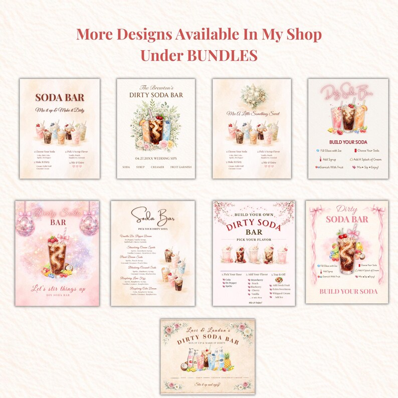 May include: A collection of soda bar signs with various designs and text. The signs feature illustrations of soda drinks and include phrases like "Soda Bar," "Dirty Soda Bar," and "Build Your Soda." The signs are in soft pastel colors.