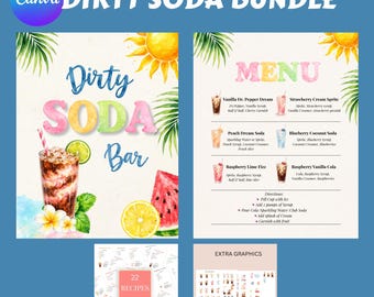 Summer Dirty Soda Bar Sign Menu Bundle, Watercolor Tropical Party Decor (Instant Download)