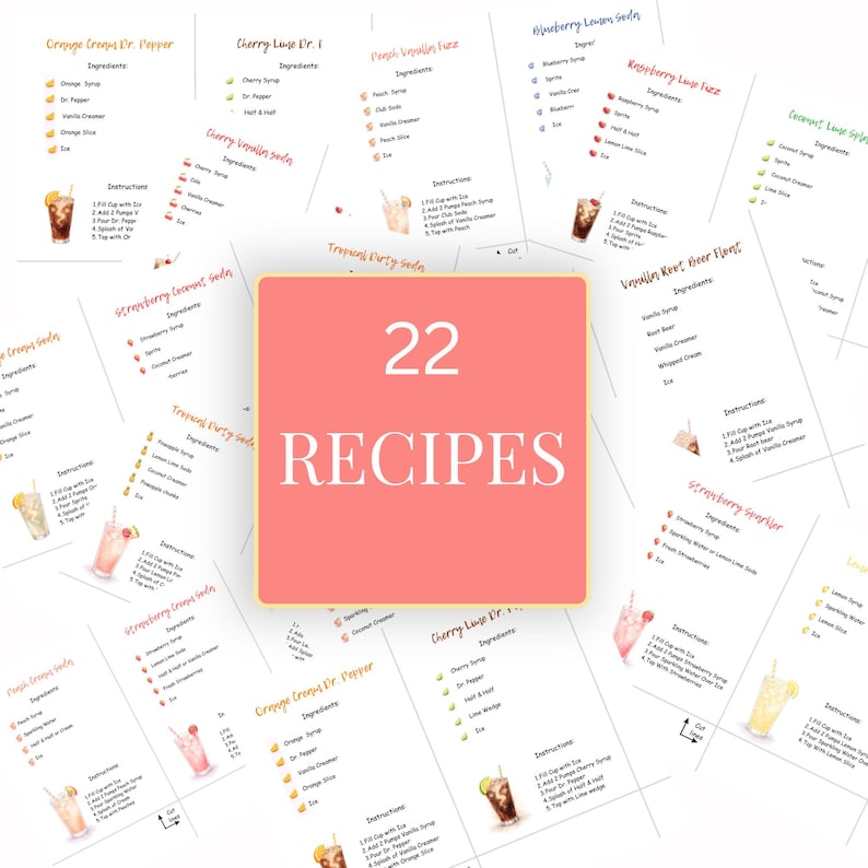 May include: A collection of twenty-two printed recipe cards for various sodas and drinks, featuring a central coral-colored square with the white text 22 RECIPES. Each card lists ingredients and instructions, accompanied by small illustrations of beverages.