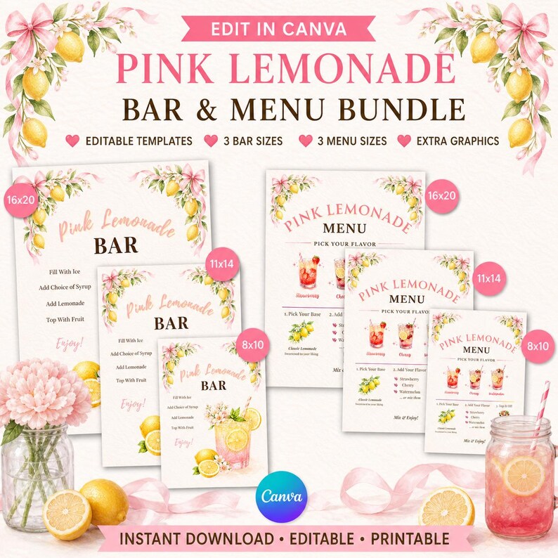Menu Sign Pink Pink Lemonade Bar Sign & Menu Template, Watercolor Coquette Party Decor ...
